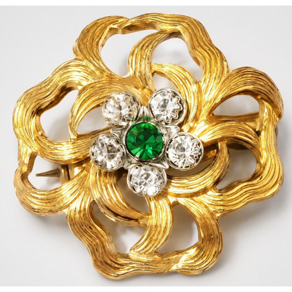 Vintage‎ Gold-Tone Flower Rhinestone Brooch Pin Green White Floral 7/8" fb1-59